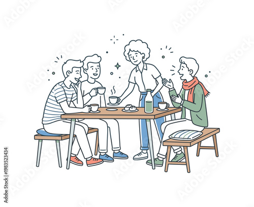 Friends enjoying a relaxed coffee break together with one central figure placing a cup on the table while others sit and chat
