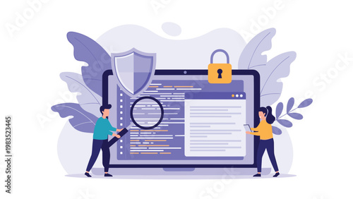 Team of security experts uses a shield, lock, and magnifying glass to protect computer data and code from cyber threats and attacks.