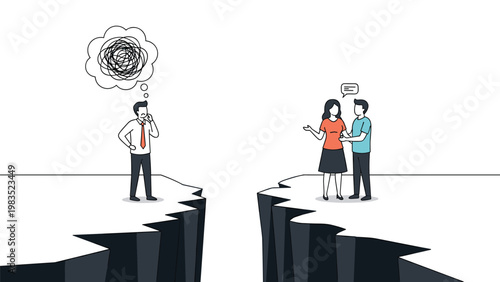 Businessman standing on a cliff and thinking while looking at a happy couple on the opposite cliff representing social gap.