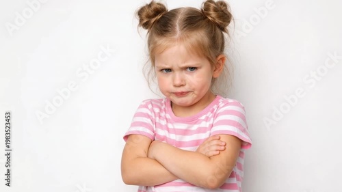 Little girl with crossed arms and a frowning expression stands against a white background, clearly showing anger, stubbornness, frustration and emotional resistance or protest