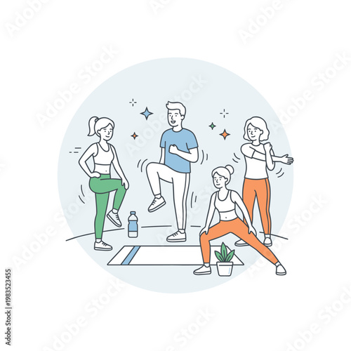 Friends enjoying a quick outdoor movement break with one person at center lifting knees in place while others stretch legs and