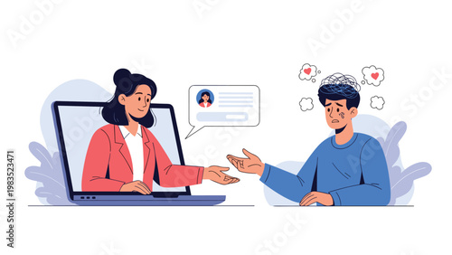 Female psychologist provides emotional support to a stressed man during a virtual therapy session on a laptop screen with empathy.