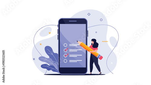 Woman uses a giant pencil to mark completed tasks on a checklist displayed on a large smartphone screen for organized management.