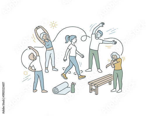 Friends enjoying a healthy routine together with one central figure walking in place while others stretch arms and loosen
