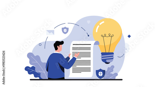 Professional man reviews a document next to a giant glowing light bulb signifying inspiration, creativity, and new business ideas.