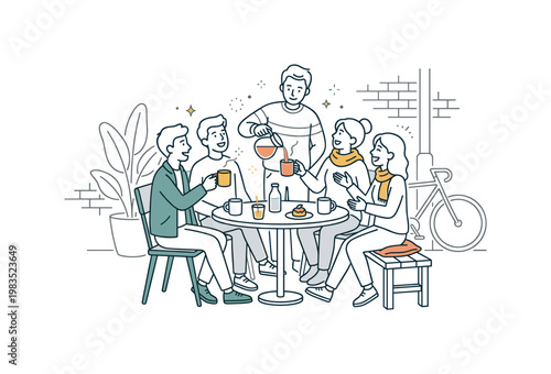 Friends gathered around a small outdoor table enjoying coffee with one central person pouring from a cup while others sit and chat