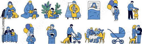 Family lifestyle vector collection with parents children pets and daily activities featuring modern flat characters in home and outdoor scenes