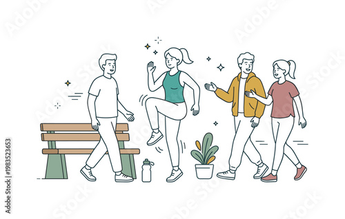 Friends gathered in a relaxed outdoor routine with one person at center lifting knees in place while others walk and chat nearby