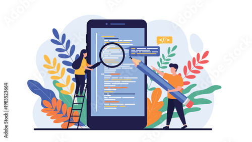 Developers use a magnifying glass and a giant pencil to write and test code on a large smartphone screen surrounded by colorful plants.