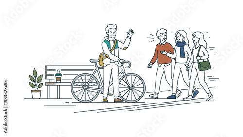 Friends gathered in a light daily scene with one central figure holding a bicycle and lifting a coffee cup while others walk
