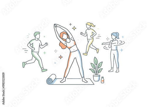 Friends gathered in a morning wellness moment with one person at center performing a side stretch while others jog lightly and