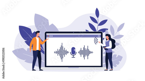 Man and woman standing beside a large computer monitor displaying audio wave frequencies and a professional microphone.