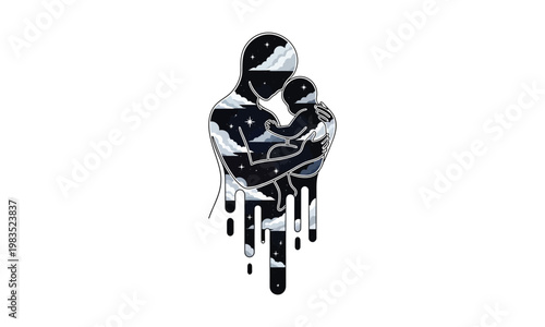 Abstract digital art a mother's embrace a striking visual representation of maternal love and connection through fragmented forms