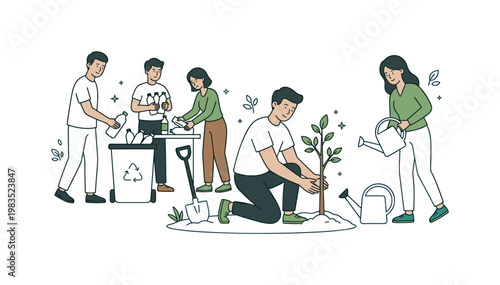 Friends and neighbors joining a planting activity with one person at center pressing soil around a sapling while others bring