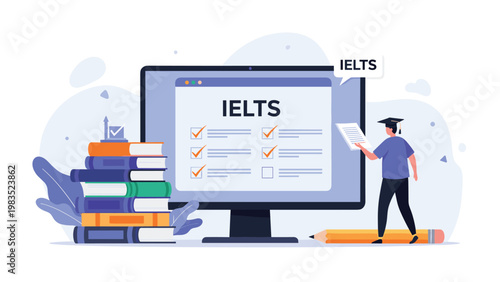 Male student in graduation cap holding a document and looking at an IELTS test on a computer monitor with books.