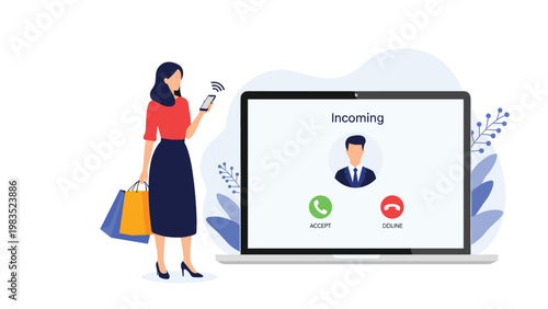 Woman holding shopping bags while receiving an incoming call from a business professional on her laptop screen.