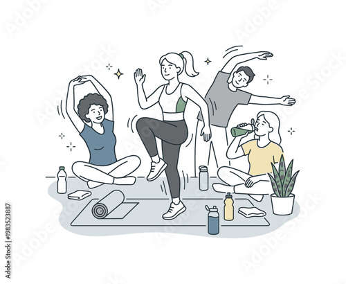 Friends practicing a daily wellness habit with one person at center lifting knees in place while others stretch arms and drink
