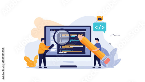 Two developers using a magnifying glass and a large pencil to inspect and edit code on a big computer monitor screen.