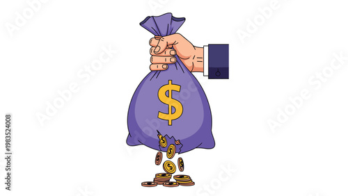 Hand in a business suit holding a large purple bag of money with gold coins leaking out of a hole in the bottom.