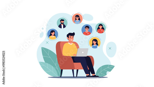 Freelancer working on laptop while sitting on a comfortable armchair and connecting with people via social network.