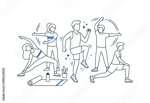 Friends sharing an active outdoor routine with one person at center stepping forward in a light jog while others walk beside