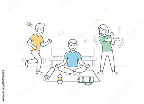 Friends sharing a balanced routine with one person meditating calmly at center while others jog lightly in place and stretch arms