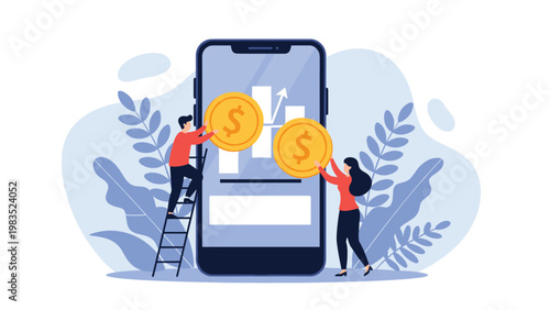 Financial analysts putting giant gold coins on a smartphone screen with growth charts and graphs for investment.