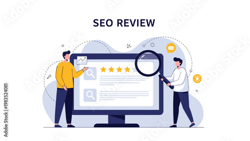 Two marketing professionals conducting an SEO review on a website monitor using a giant magnifying glass.