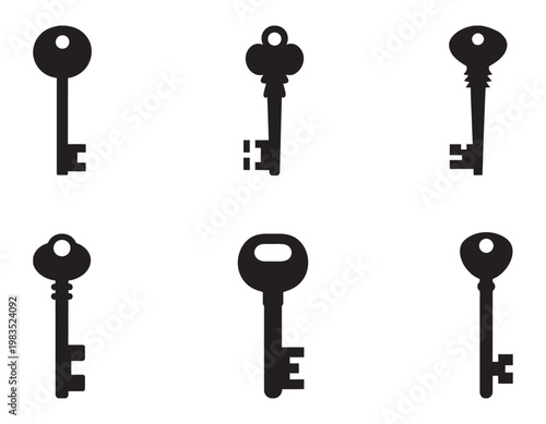 Modern vintage key icon collection, monochrome vector illustrations, security access lock symbols, retro key design set, vector
