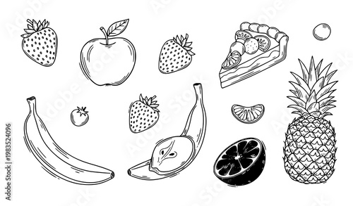 Fruit Doodle Icons Strawberry Apple Banana Food Vector Set