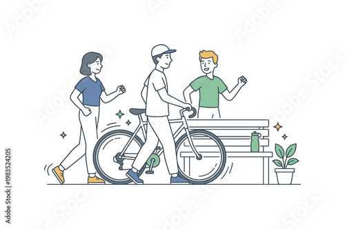 Friends sharing a safe mobility moment with one person at center walking while guiding a bicycle as others walk nearby adjusting