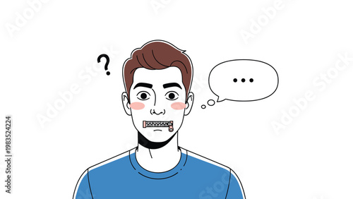 Young man with zipper on his mouth expressing silence or inability to speak with thought bubble and question mark in clean illustration.