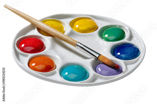 Paint palette with brush and colorful watercolor paint pots isolated on transparent background