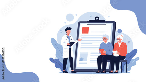 Doctor explaining medical diagnosis to elderly couple using giant clipboard in clinic for healthcare consultation and senior patient care.