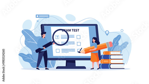 People participating in online exam test on computer screen with books and giant pencil for digital education and professional assessment.