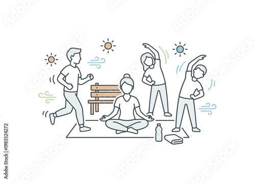 Group of friends starting the day together with one central person sitting cross legged in yoga while others jog lightly in place