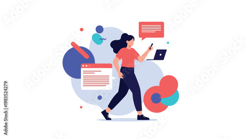 Creative woman multitasking with various digital elements and abstract shapes representing productivity and modern lifestyle in workspace.