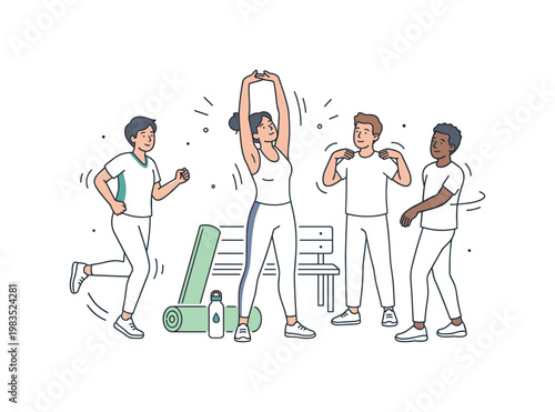 Friends enjoying a quick movement pause with one person at center lifting knees in place while others stretch legs and shake out