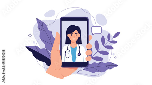 Hand holding a smartphone displaying a friendly female doctor during a virtual medical consultation session.