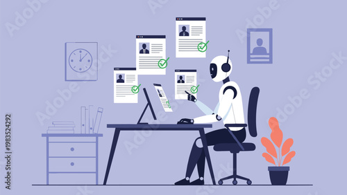 Artificial intelligence robot screening multiple professional resumes in digital office for efficient recruitment and candidate selection.