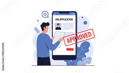 Successful candidate receiving job application approval message on smartphone screen with approved stamp representing career advancement.