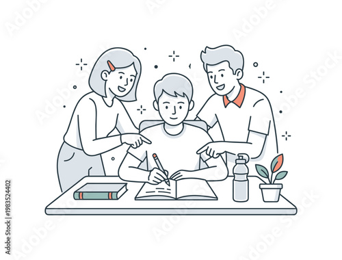Friends studying together at home with one central figure pointing at a notebook while others lean in discussing and sharing ideas