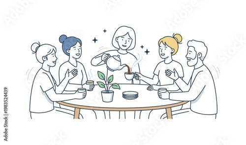 Friends taking a relaxing tea break with one person at center pouring tea while others gather around holding cups and gesturing in