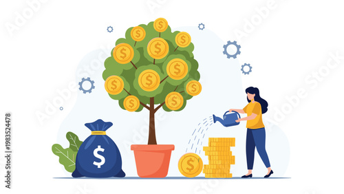 Woman watering money tree growing gold coins as representation of smart investment and financial wealth growth in stable economy.