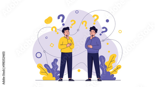 Two confused men surrounded by question mark symbols looking thoughtful while making difficult business decisions in modern office.