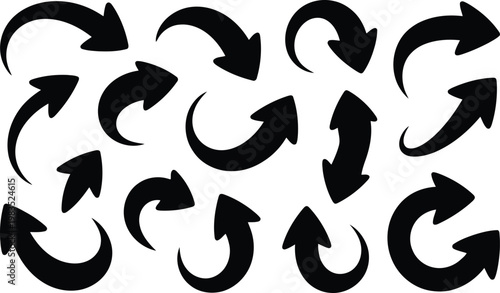 Collection of black arrows diverse directions and dynamic movement