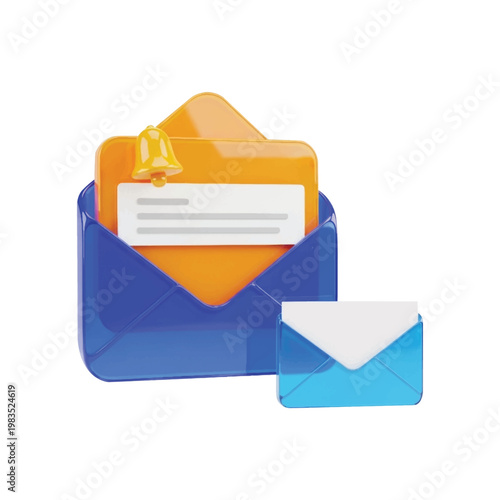 3D render of an open blue email envelope displaying an orange message with a notification bell, alongside a smaller closed mail icon, symbolizing digital communication and alerts