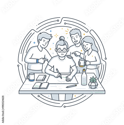 Friends working together at a desk with one central figure drawing a plan while others point and nod in agreement around, simple