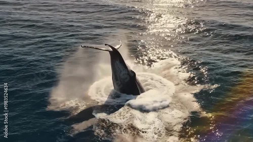 Aerial view of a whale breaching, showing tail fluke splashing in the sunlit ocean water
