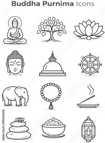 Buddha Purnima Icon Collection with Meditation Buddha, Lotus, Stupa and Spiritual Line Art Symbols